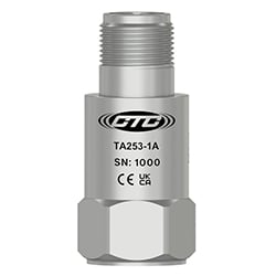 A stainless steel, standard size, top exit TA253 dual output vibration monitoring sensor engraved with the CTC Line logo, part number, serial number, and CE and UKCA certification markings.